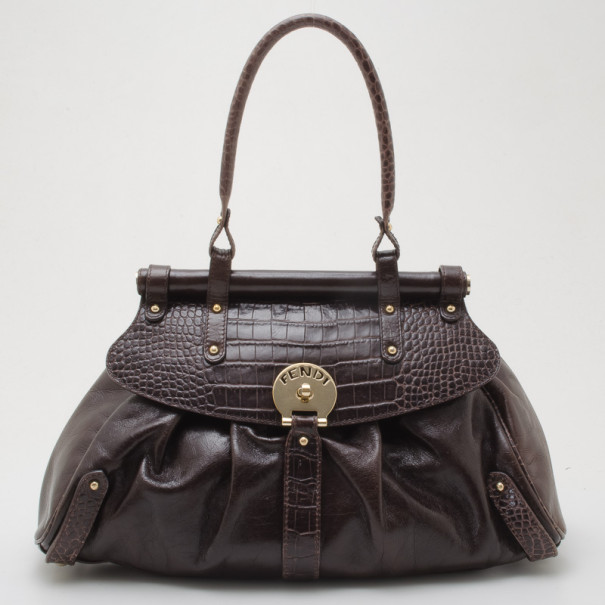 مملوكة مسبقًا Fendi Brown Leather Croc Embossed Medium 'Magic' Bag