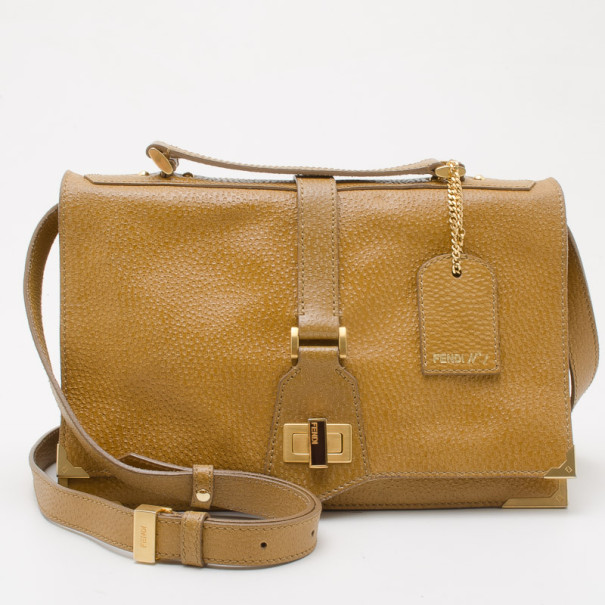 Pre Owned Fendi Tan Dimpled Leather Classic No.1 Flap Shoulder Bag