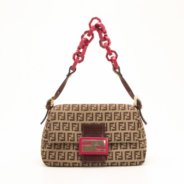 Pre Owned Fendi Zucchino Mini Mama Bag with Pink Trim