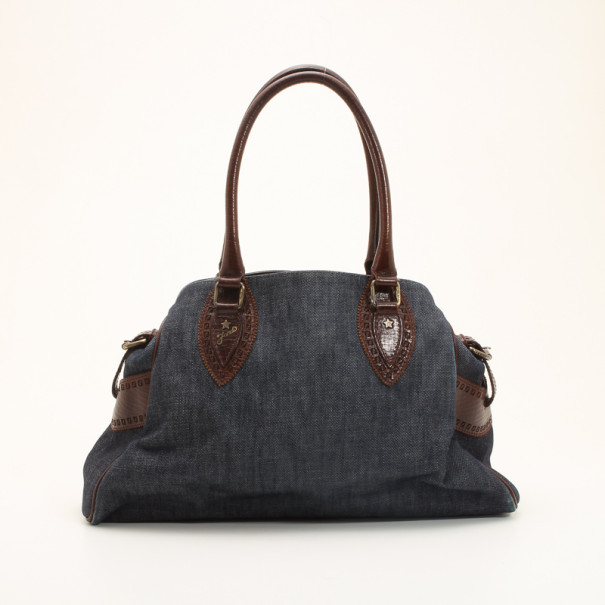Pre Owned Fendi Denim & Brown Leather Bag Du Jour