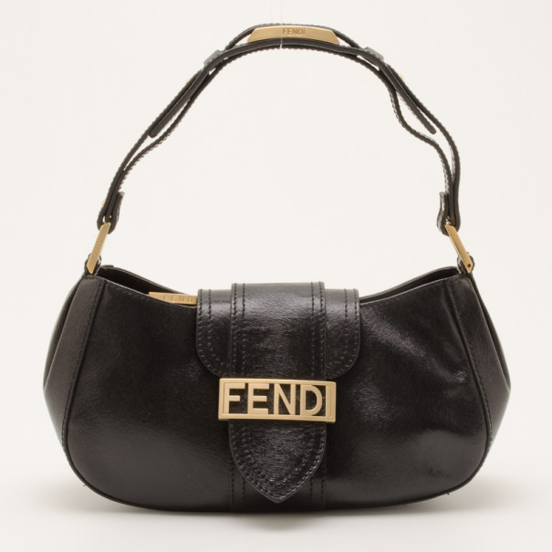 Fendi Black Leather Logo Pochette Bag 
