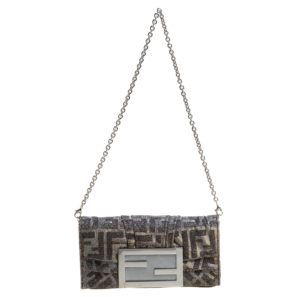 Pre Owned Fendi Silver Shimmery Fabric Mia Pochette Bag 