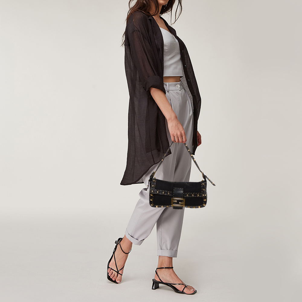 

Fendi Black Canvas and Selleria Leather Mama Baguette Studded Bag