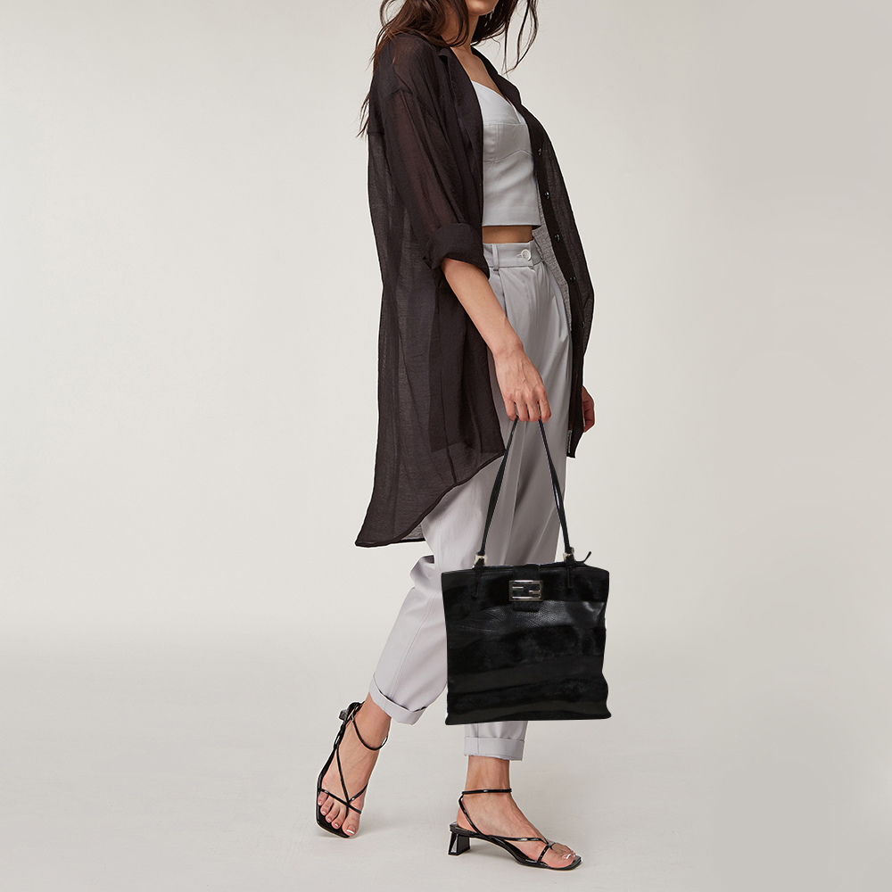 

Fendi Black Stripe Leather and Calfhair FF Flap Tote