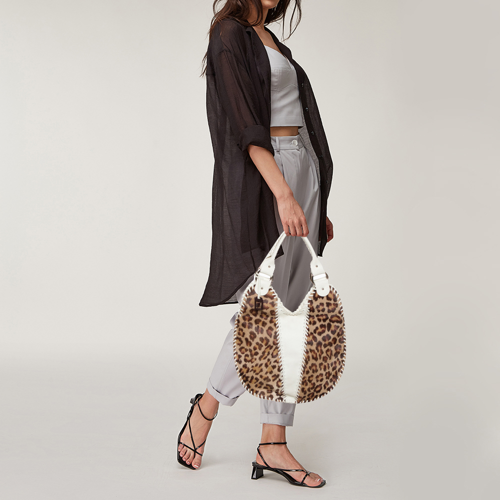 

Fendi White/Brown Leopard Print Calfhair and Leather Whipstitch Hobo