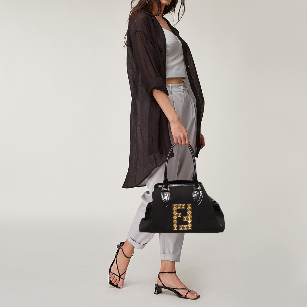 

Fendi Black Canvas and Patent Leather Medium Studded De Jour Bag