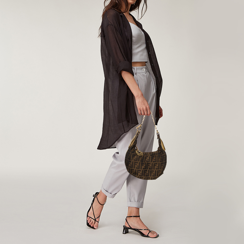 

Fendi Brown Zucca Canvas And Leather Zucca Chef Chain Hobo Bag, Beige