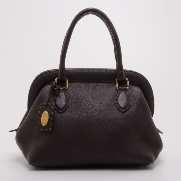 Fendi Brown Leather Selleria Framed Satchel Handbag