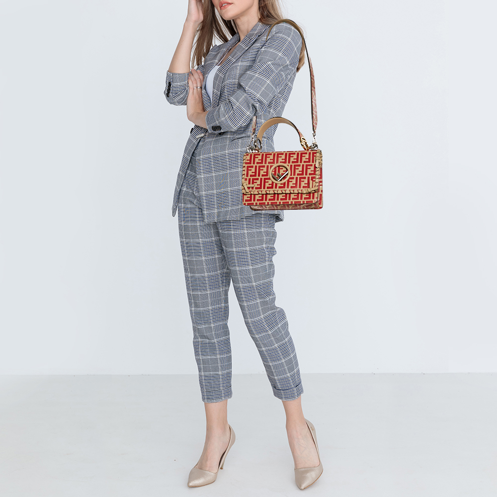 

Fendi Beige/Red Zucca Leather Small Whipstitched Kan I F Top Handle Bag