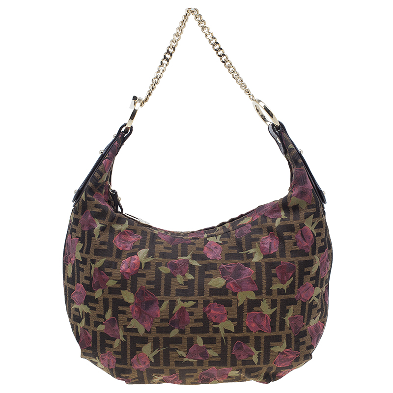 Pre Owned Fendi Brown Canvas Rose Print Zucca Chef Chain Hobo 