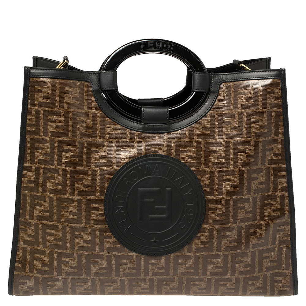 Pre-owned Fendi Brown/black Zucca Coated Canvas And Leather Medium Runaway Shopper Tote