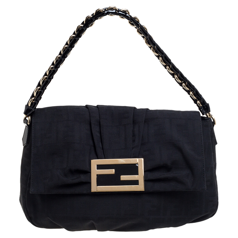 Pre-owned Fendi Black Zucca Canvas And Patent Leather Mia Flap Shoulder Bag