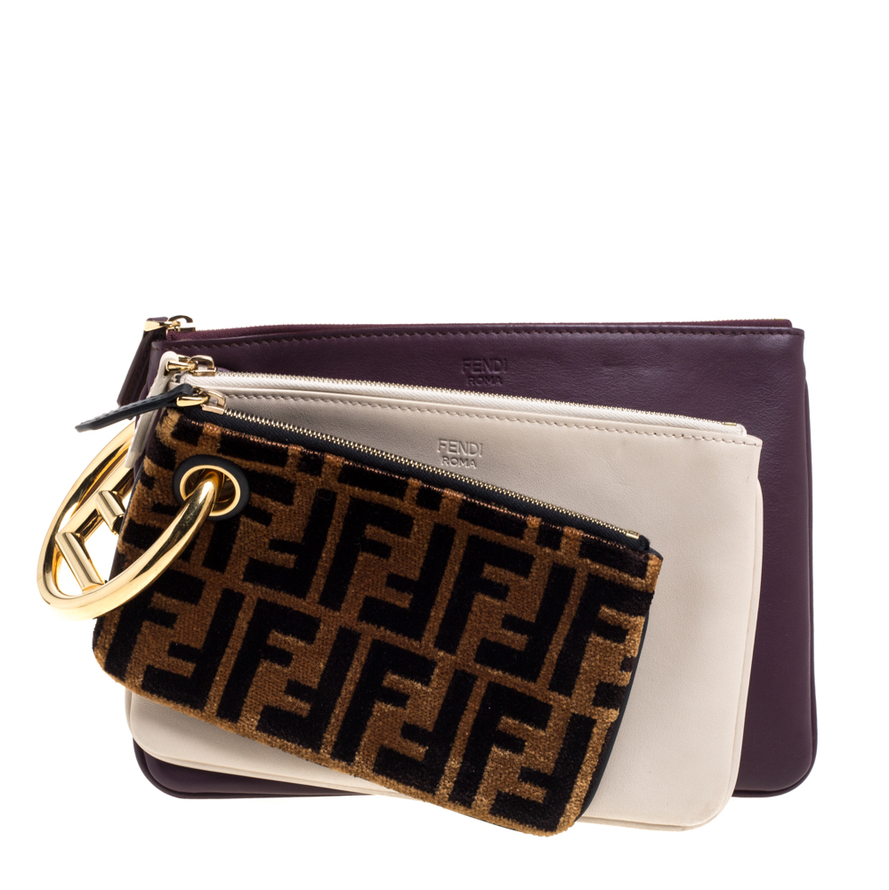 Pre-owned Fendi Multicolor Zucca Velvet And Leather Triplette Clutch Bag