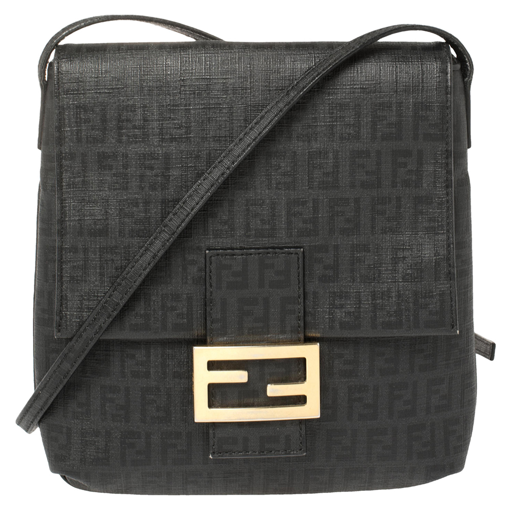Pre-owned Fendi Black Zucchino Coated Canvas Ff Flap Messenger Bag