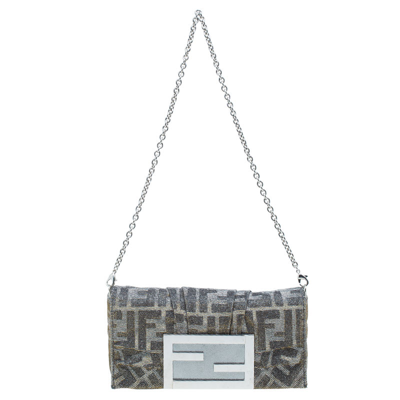 Pre Owned Fendi Metallic Silver Monogram Canvas Mia Evening Bag
