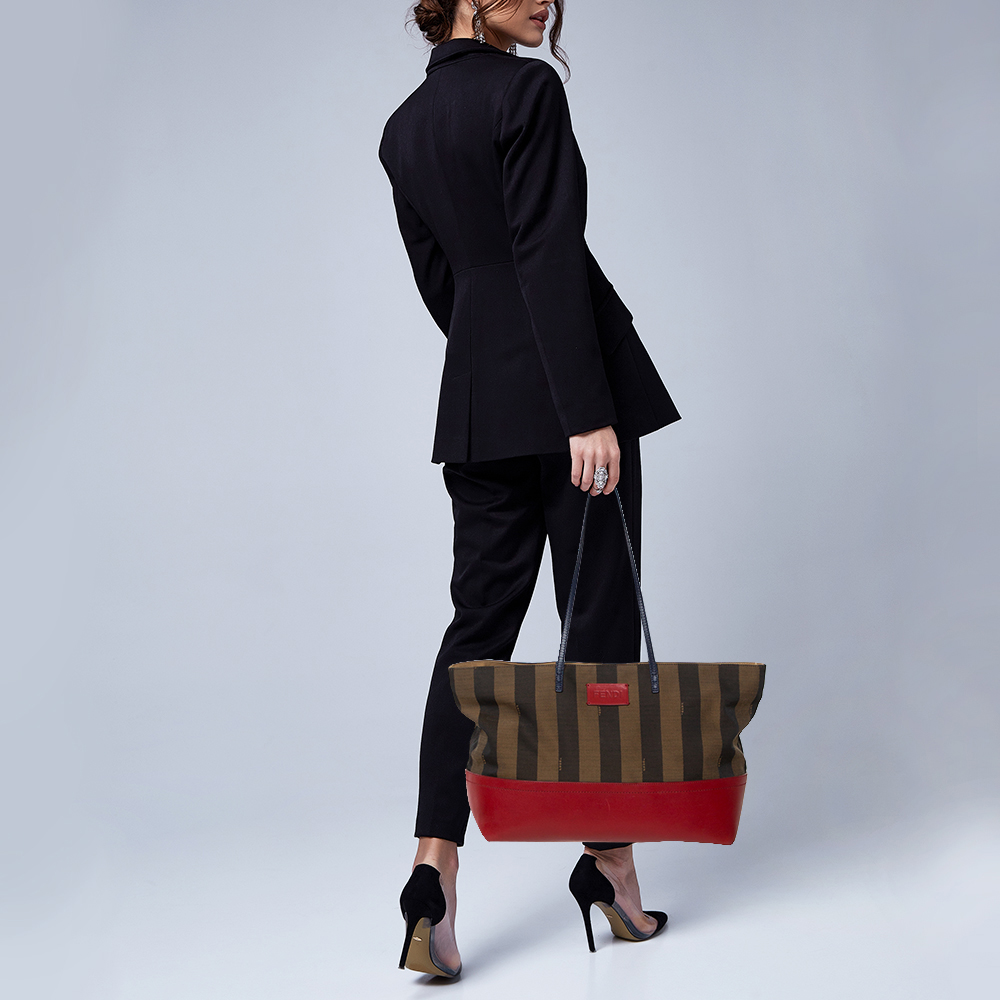 

Fendi Red/Tobacco Pequin Striped Canvas and Leather Roll Tote
