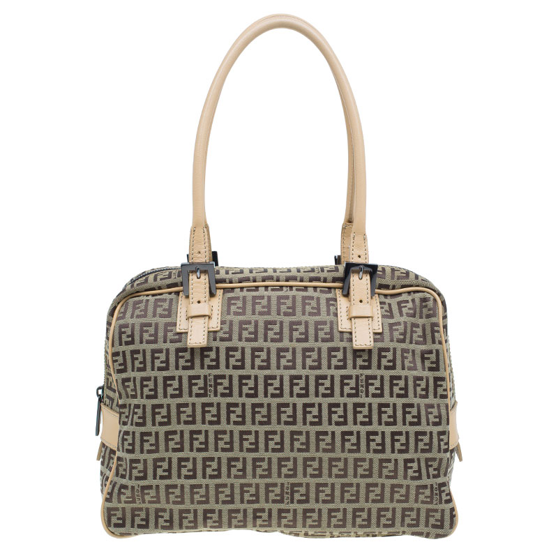 Pre Owned Fendi Brown Zucchino Canvas Boston Bag