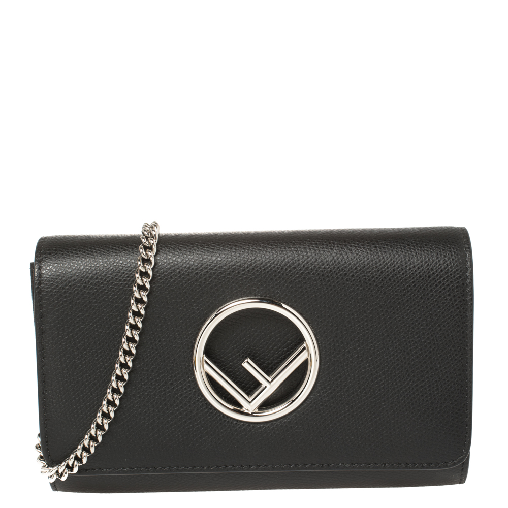 Pre-owned Fendi Black Leather Kan I F Wallet On Chain Clutch