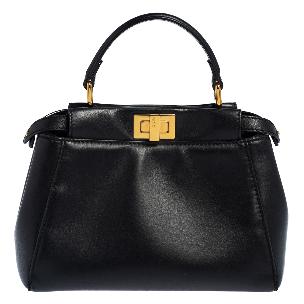 Pre-owned Fendi Black Leather Small Peekaboo Top Handle Bag