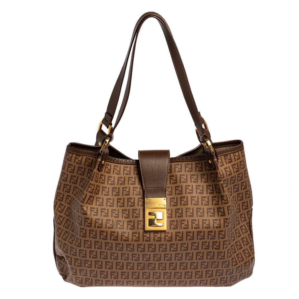 Pre-owned Fendi Brown Zucchino Coated Canvas And Leather Chiusura Tote
