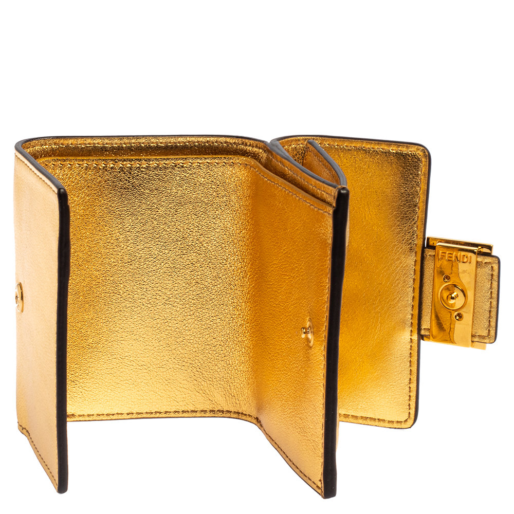 

Fendi Gold Logo Embossed Leather Micro FF Trifold Wallet