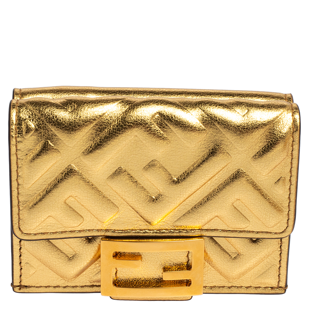Pre-owned Fendi Gold Logo Embossed Leather Micro Ff Trifold Wallet