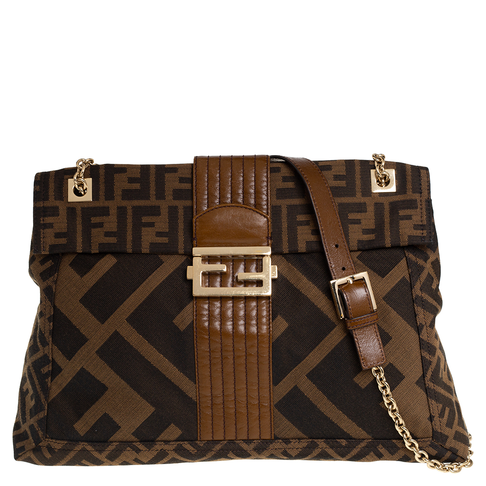 Pre-owned Fendi Tobacco Zucca Canvas And Leather Maxi Baguette Flap Shoulder Bag In Brown