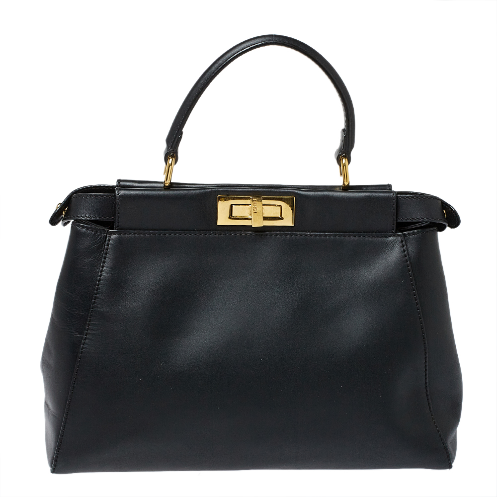 Pre-owned Fendi Black Leather Medium Peekaboo Top Handle Bag