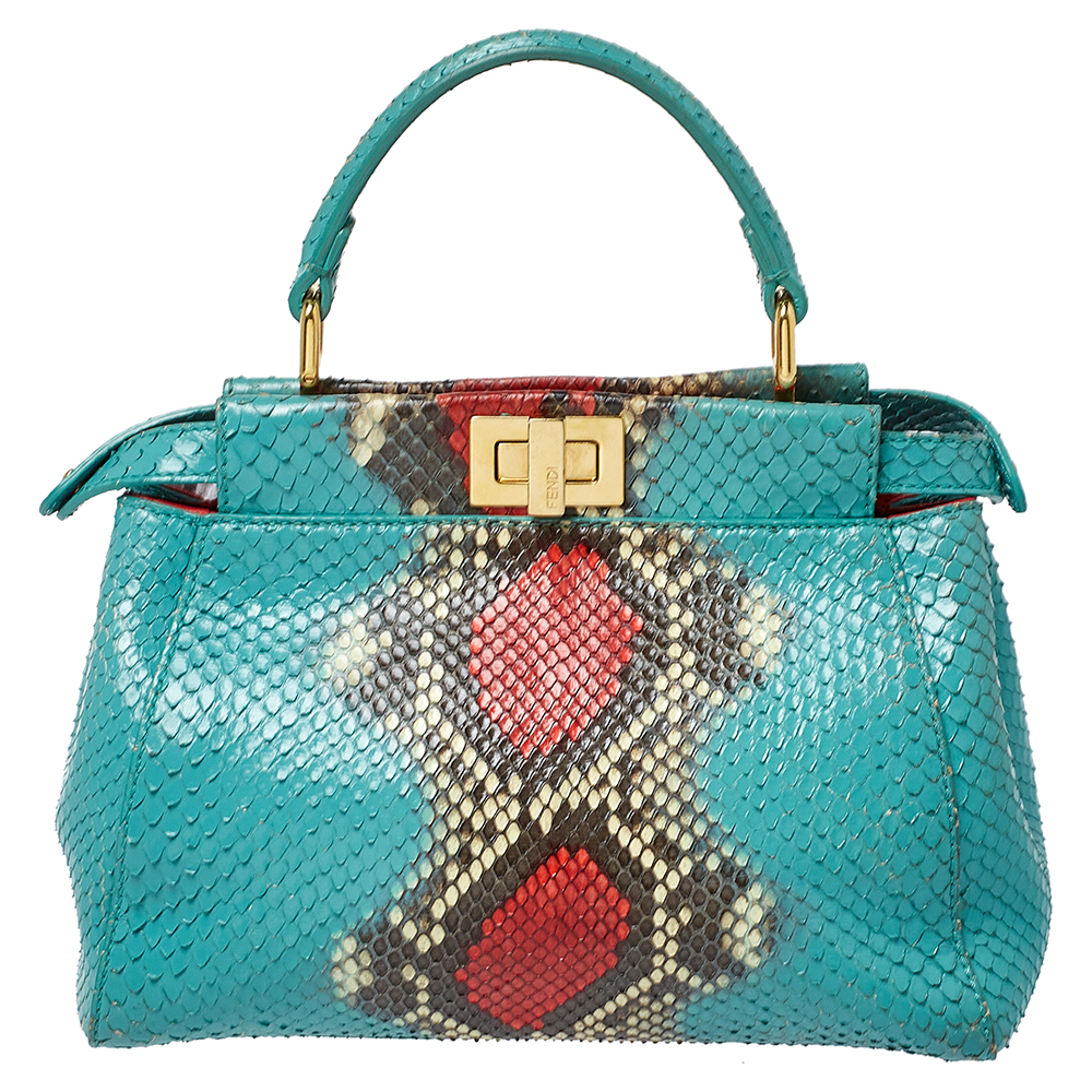 Pre-owned Fendi Turquoise/red Python Mini Peekaboo Top Handle Bag In Blue