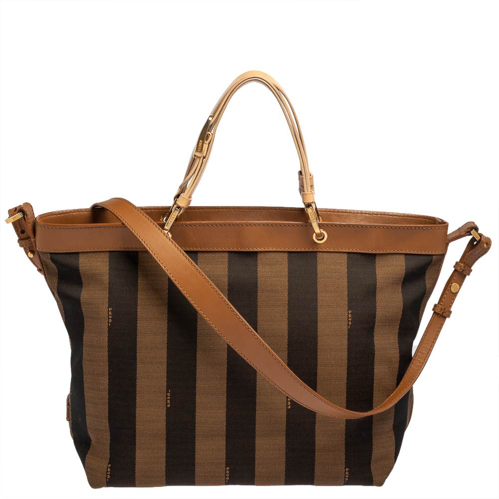 Pre-owned Fendi Tobacco Pequin Striped Canvas And Leather Large Tote In Brown