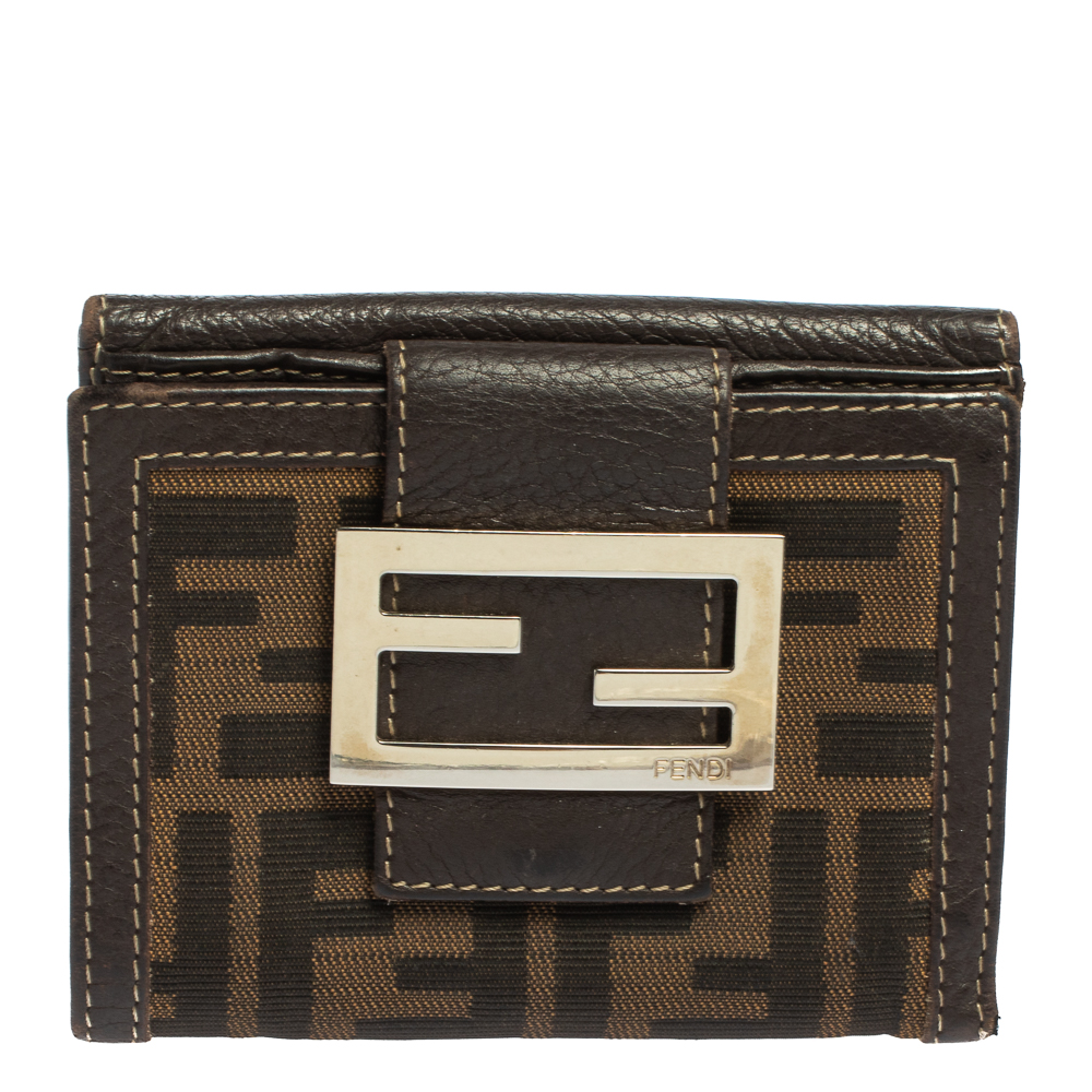 Pre-owned Fendi Tobacco Zucca Canvas And Leather Compact Wallet In Brown