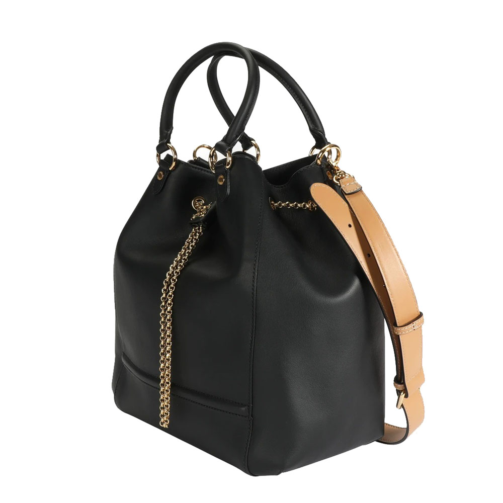 

Fendi Black Vitello Leather Karligraphy Chain Bucket Bag