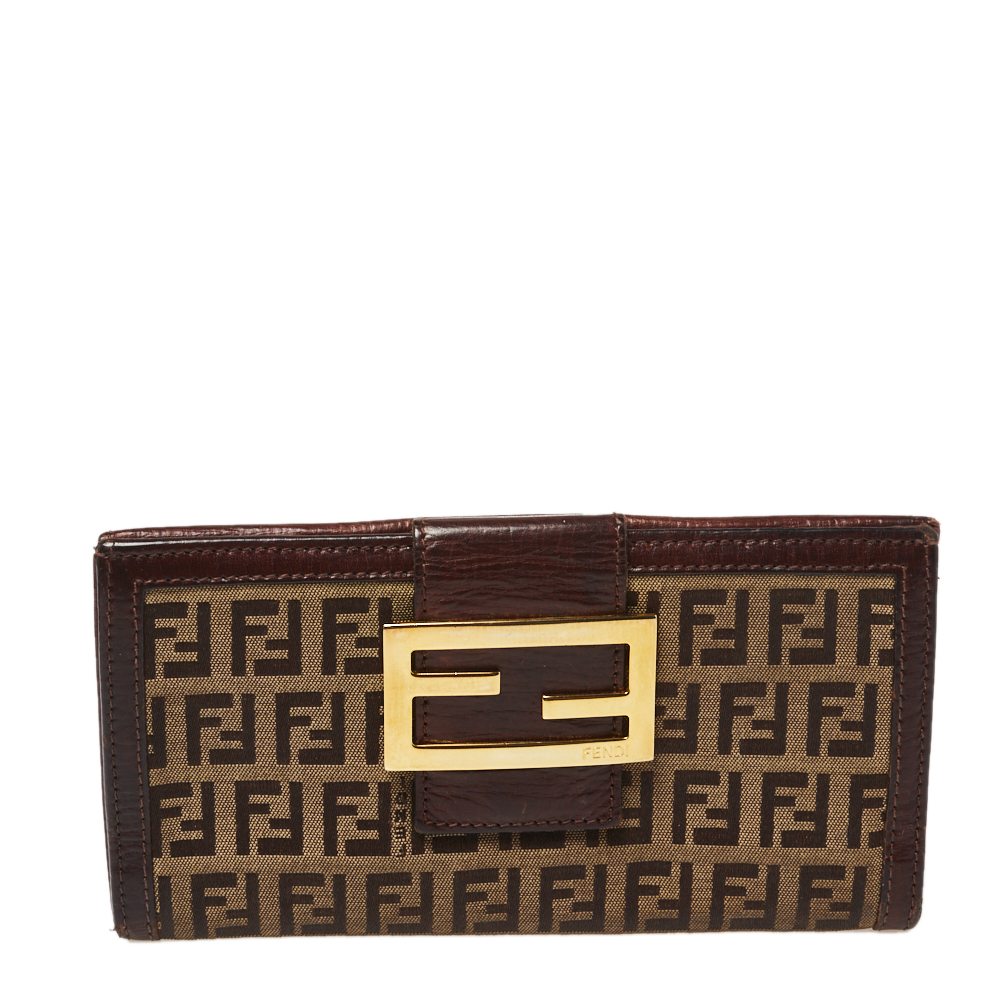 Pre-owned Fendi Bown/beige Zucchino Canvas And Leather Logo Flap Continental Wallet In Brown