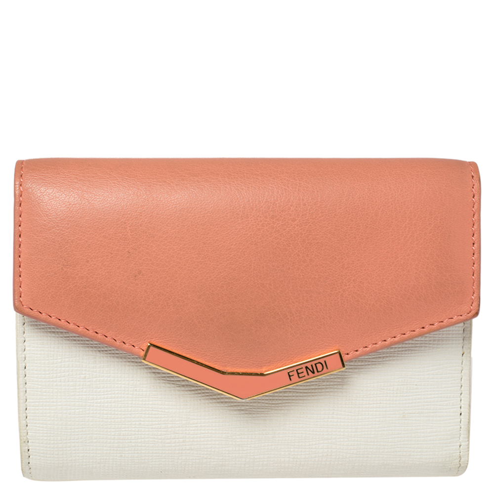 Pre-owned Fendi White/peach Leather 2jours Compact Wallet