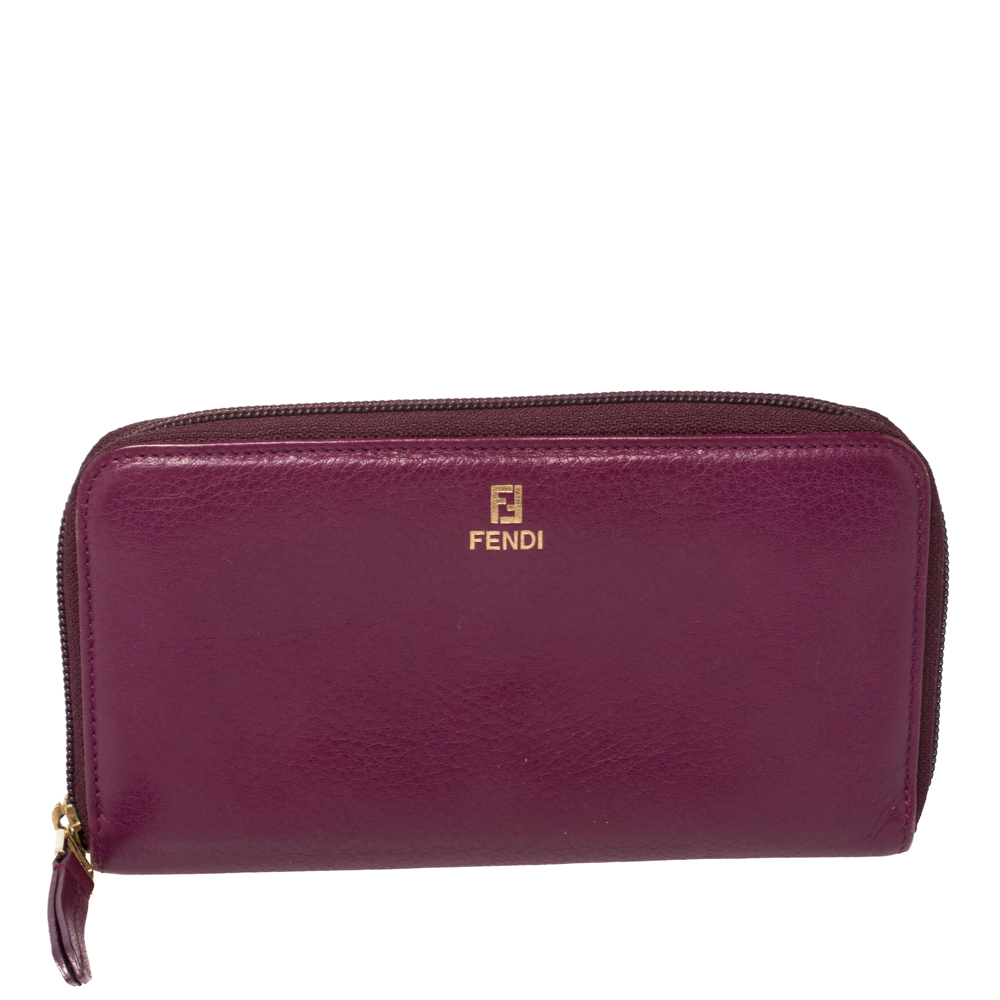 Pre-owned Fendi Purple Leather Zip Around Wallet