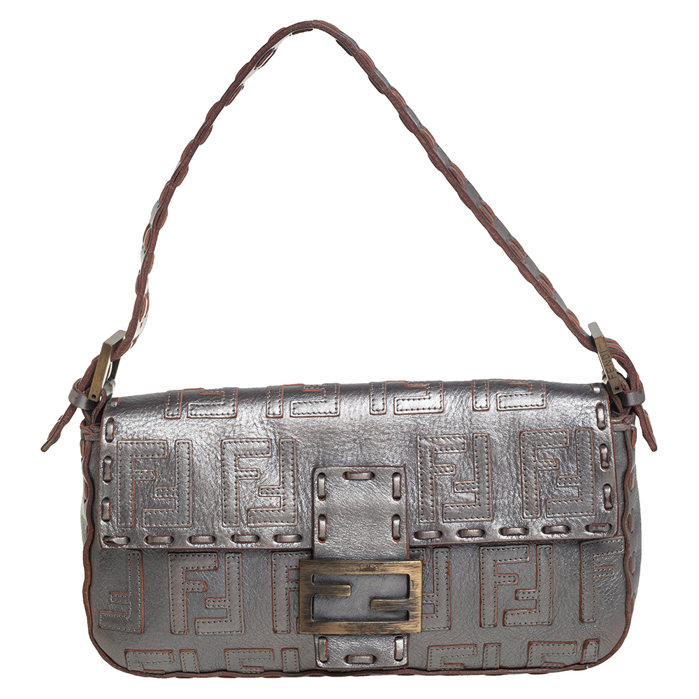 Pre-owned Fendi Silver Zucca Leather Medium Whipstitched Baguette Bag