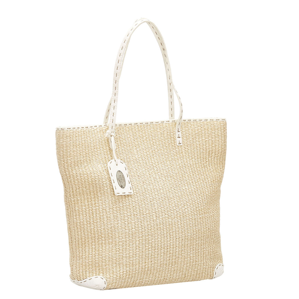 

Fendi Brown Natural Material Straw Leather Selleria Tote Bag, Beige