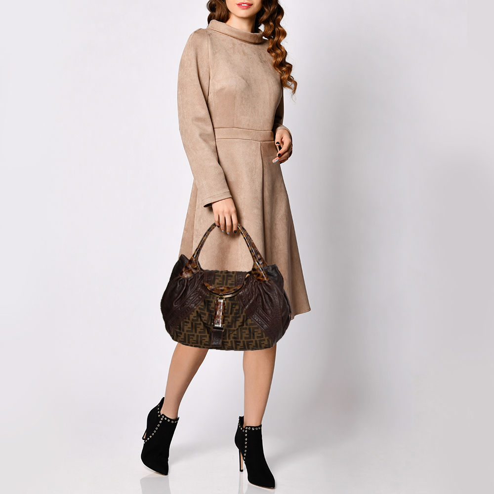 

Fendi Tobacco Zucca Canvas and Tortuga Leather Spy Hobo, Brown