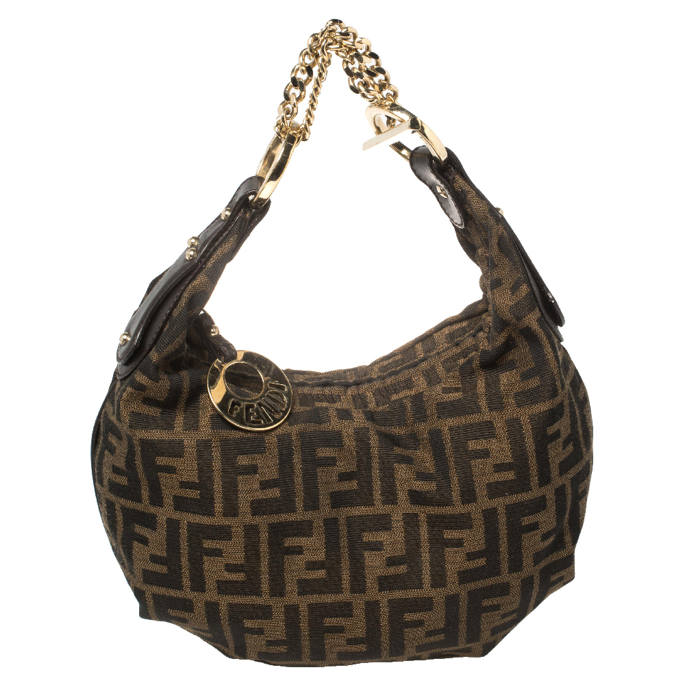 Click to view more detailed imagery on our partner's website Pre-owned Fendi Tobacco Zucca Canvas And Leather Chef Chain Link Hobo In Brown