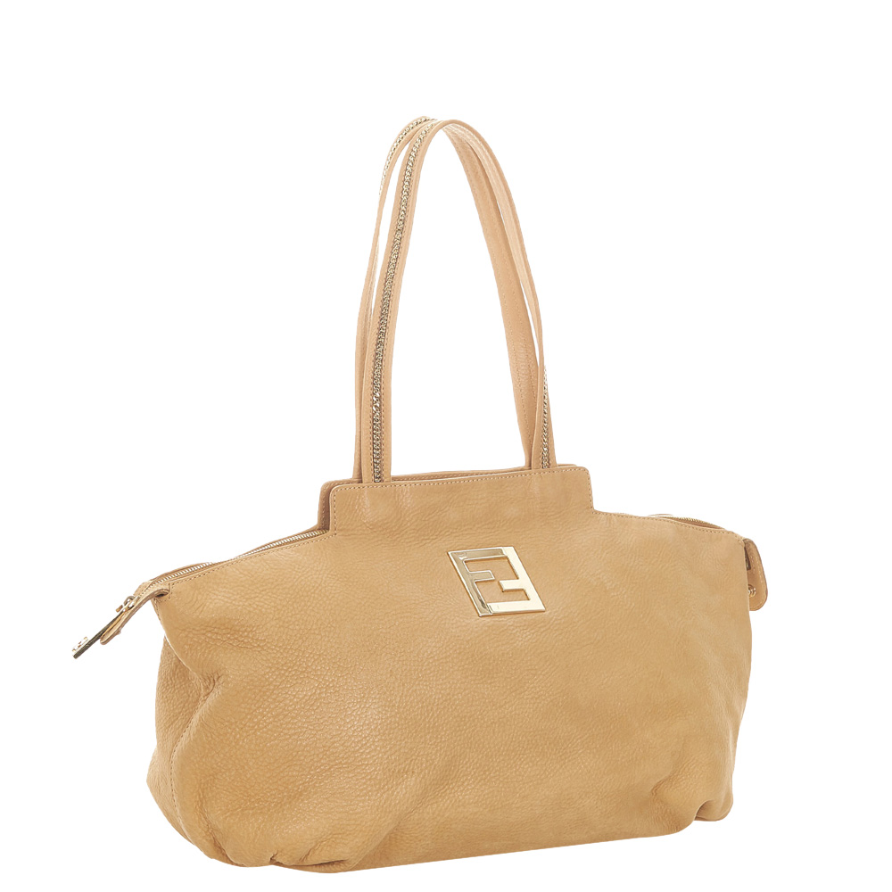 

Fendi Brown Calf Leather Chains Tote Bag, Beige