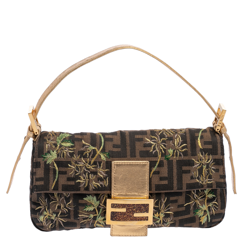 Fendi Gold/Tobacco Zucca Canvas and Leather Mamma Baguette Bag