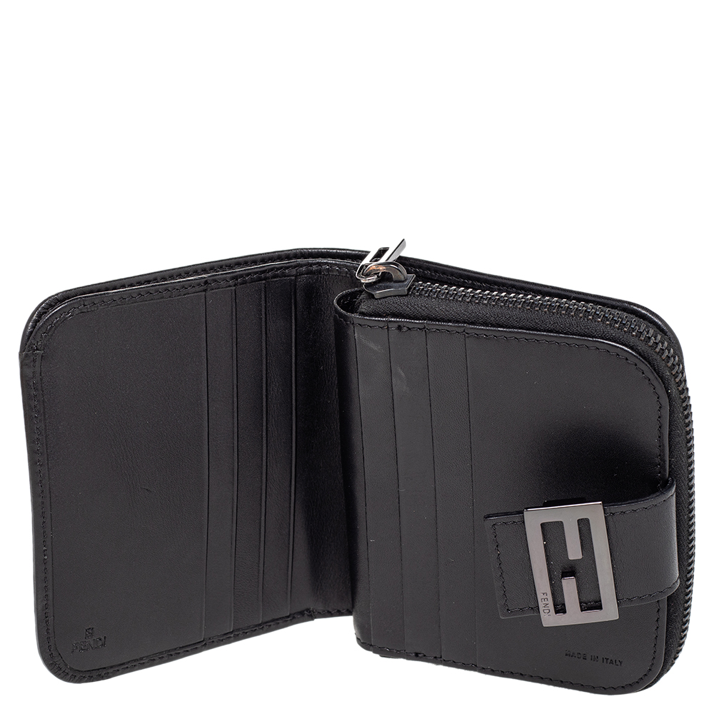 

Fendi Black Zucchino Monogram Canvas and Leather Compact Zip Wallet