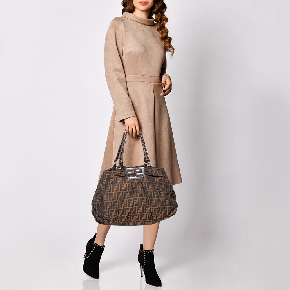 

Fendi Tobacco Zucca Canvas and Patent Leather Large Mia Chain Tote, Brown