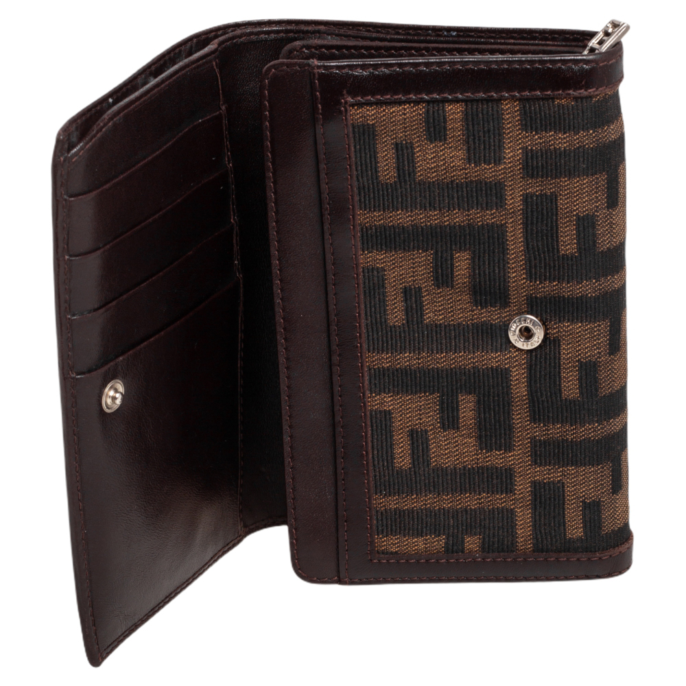 

Fendi Tobacco Zucca Canvas and Leather Trim Flap Wallet, Brown