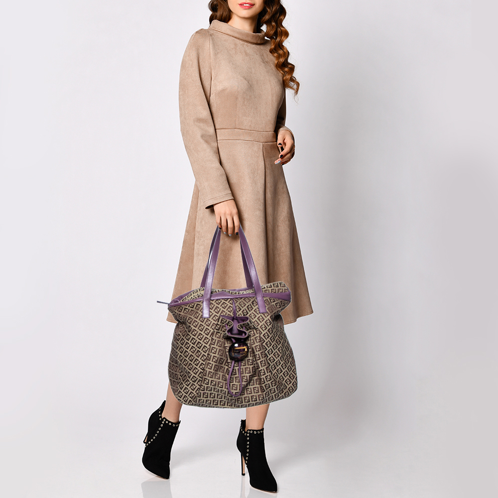 

Fendi Brown/Purple Zucchino Canvas And Leather Front Drawstring Pocket Tote