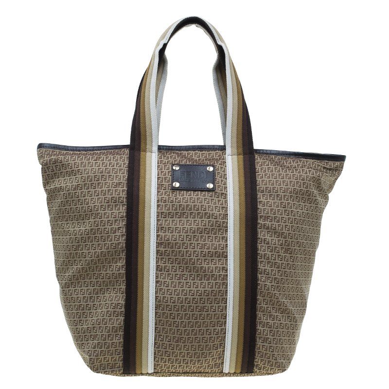 Pre Owned Fendi Brown Striped Zucchino Nylon Shopping Tote