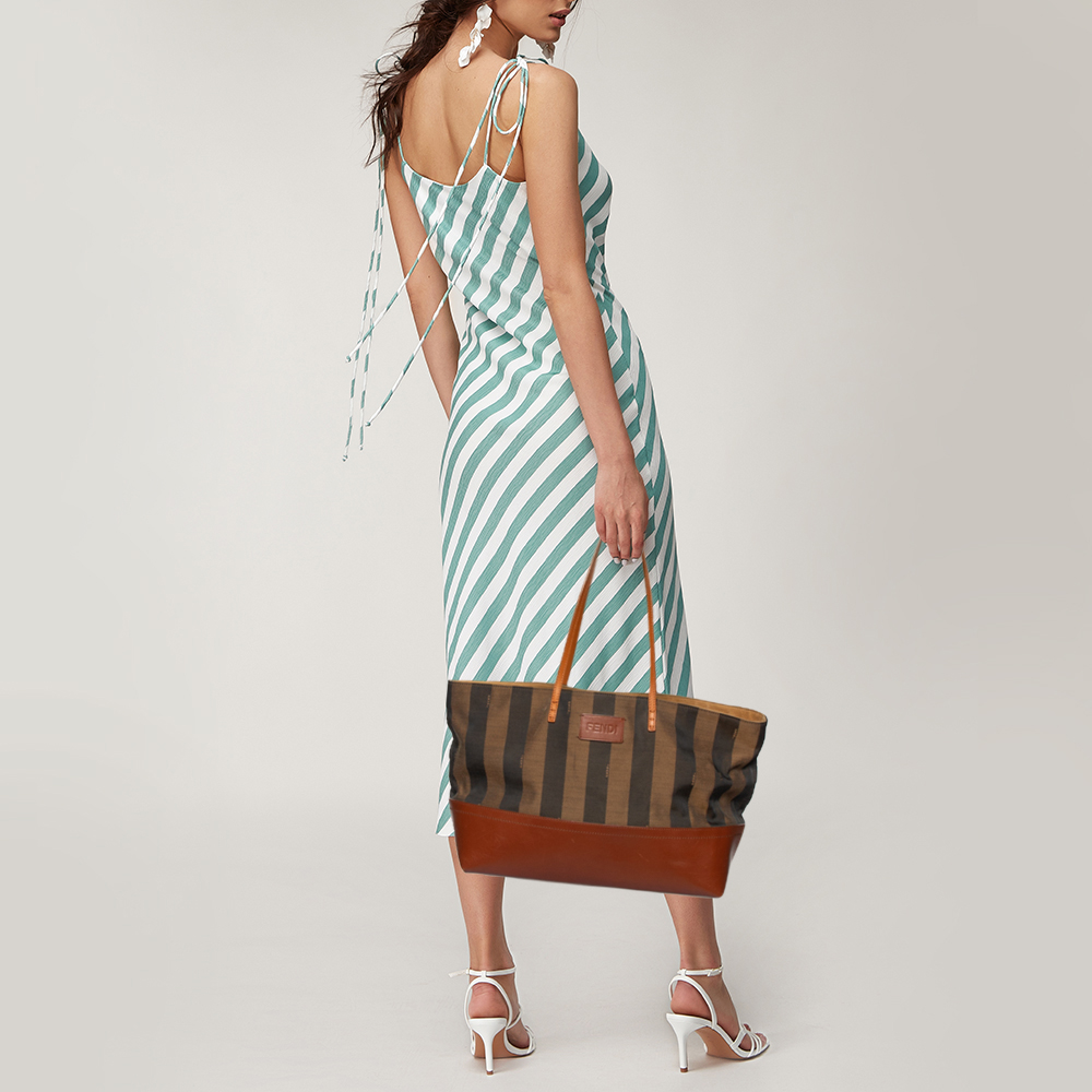 

Fendi Tobacco/Brown Pequin Striped Canvas and Leather Roll Tote
