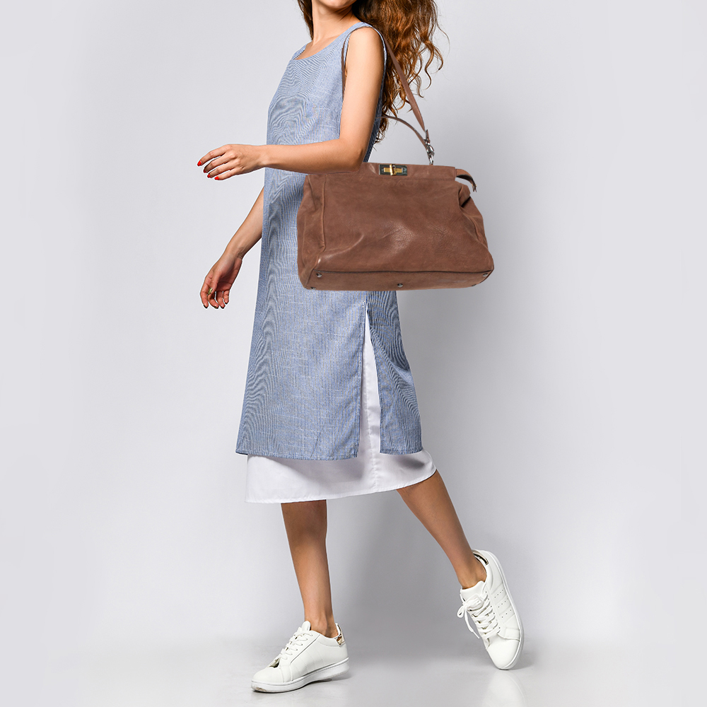 

Fendi Brown Leather and Python Lining Large Peekaboo Top Handle Bag