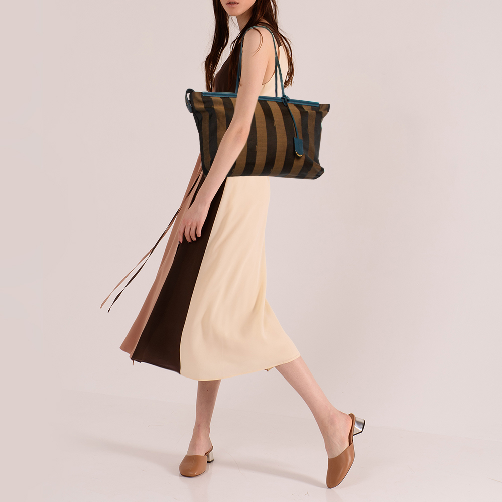 

Fendi Blue/Tobacco Pequin Canvas and Leather Roll Tote