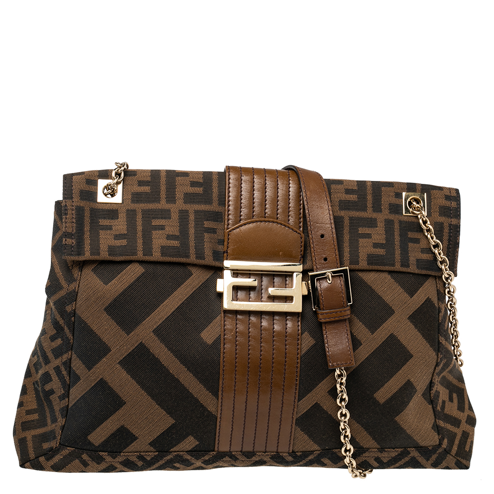 Fendi Tobacco Zucca Canvas and Leather Maxi Baguette Flap Shoulder Bag